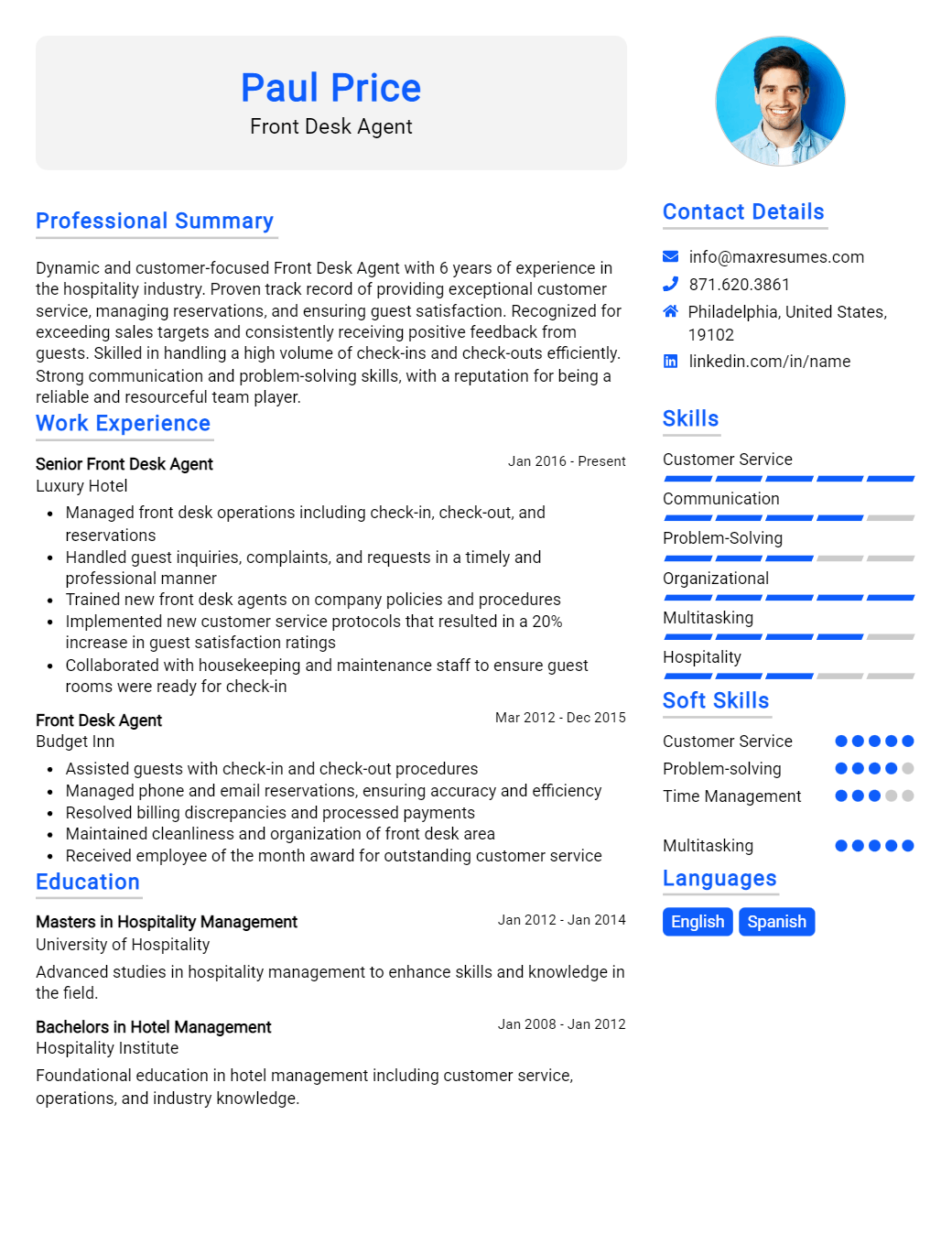 front-desk-agent-resume-sample