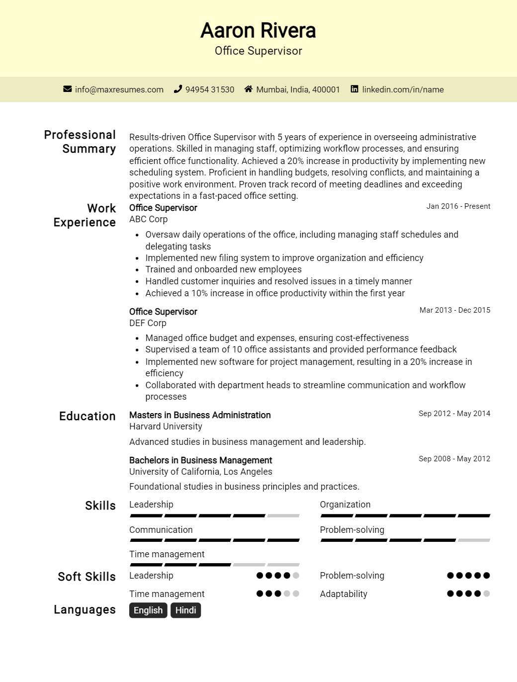 office-supervisor-resume-sample
