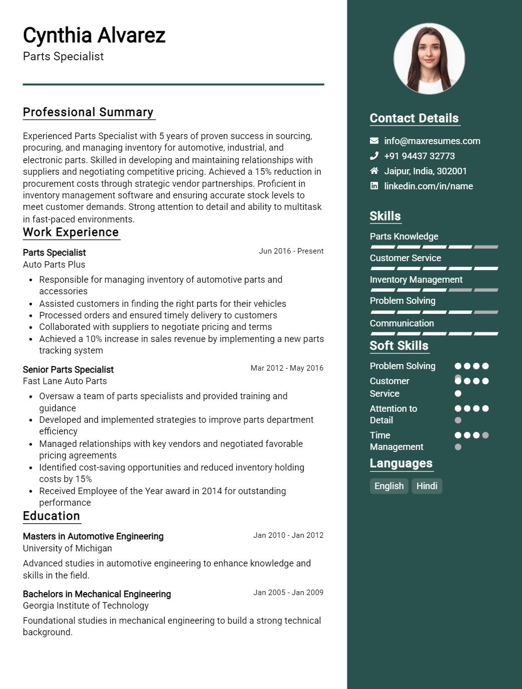 parts-specialist-resume-sample