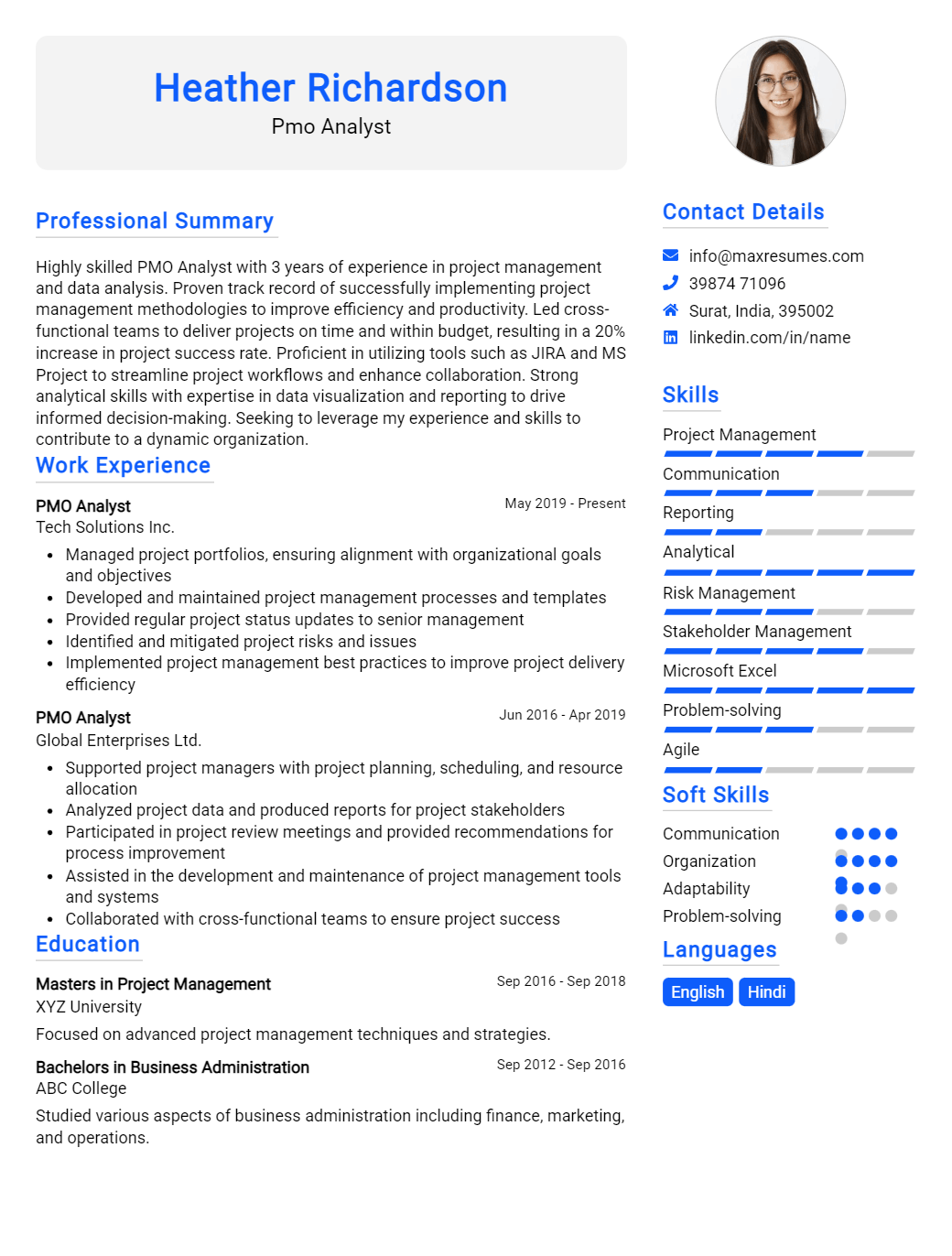 pmo-analyst-resume-sample
