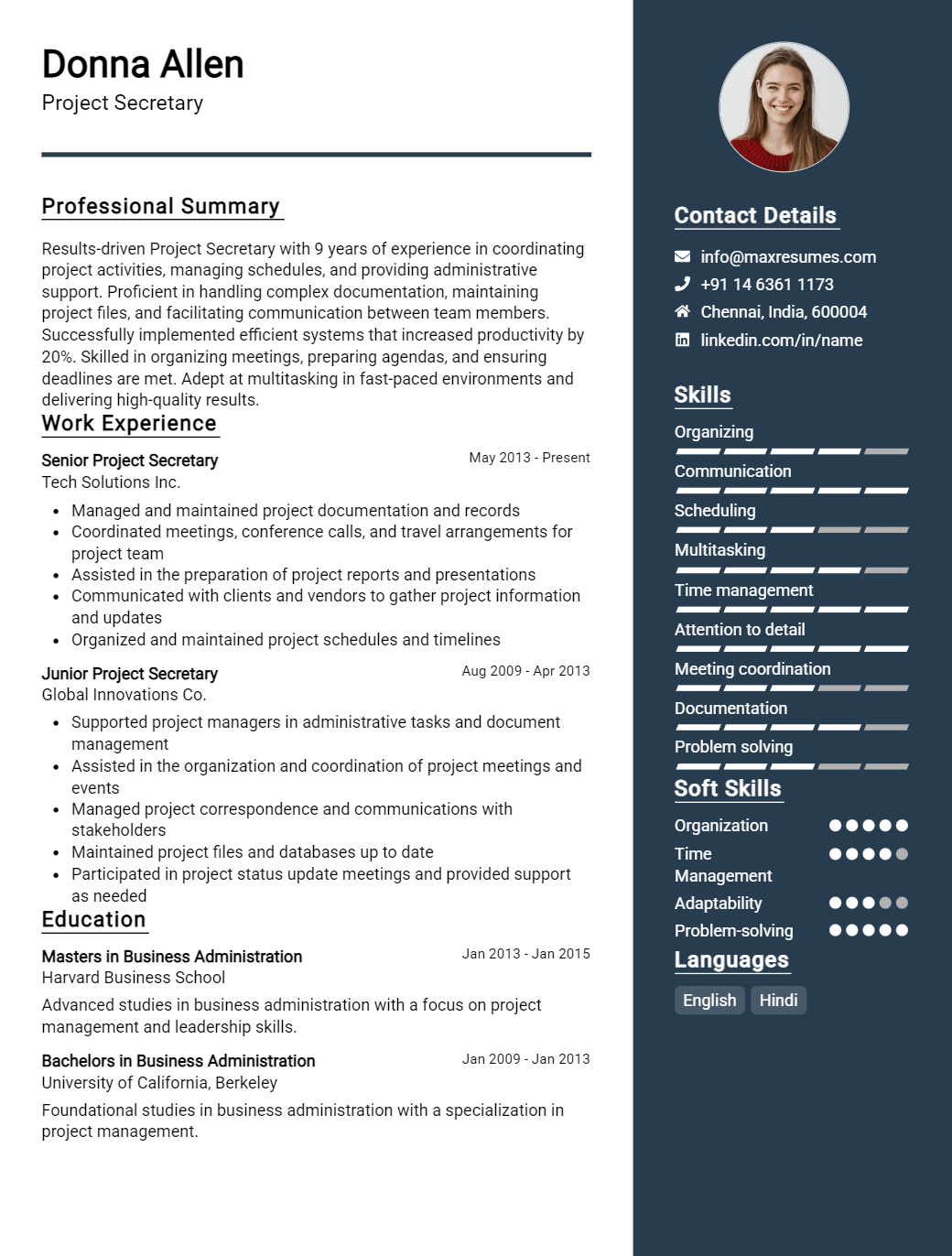 project-secretary-resume-sample
