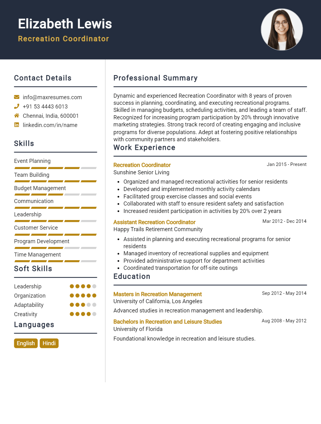 recreation-coordinator-resume-sample