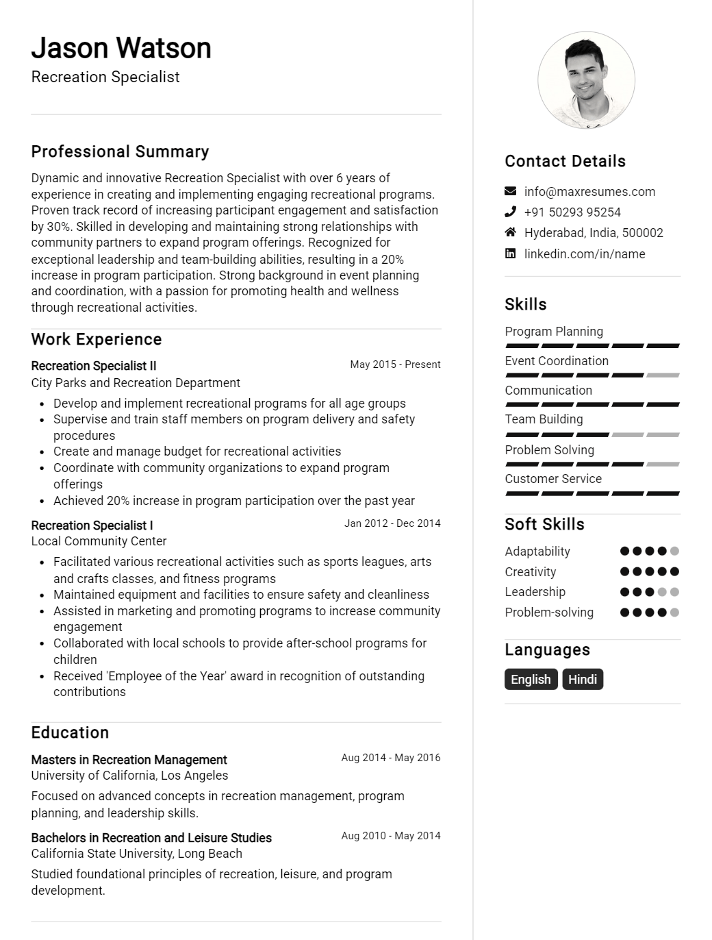 recreation-specialist-resume-sample