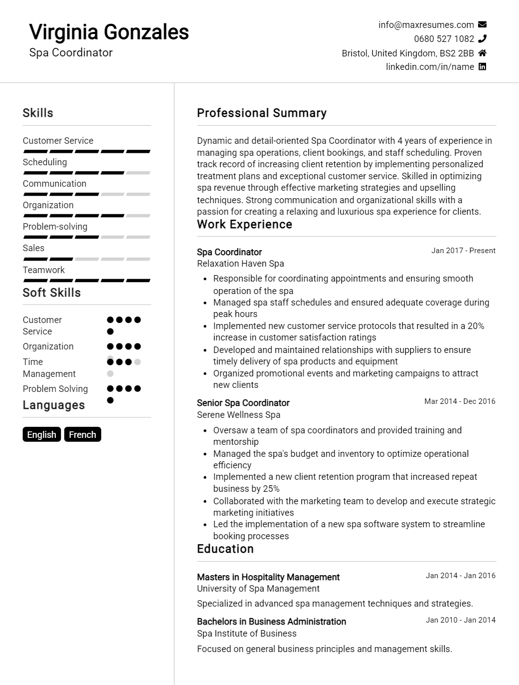 spa-coordinator-resume-sample