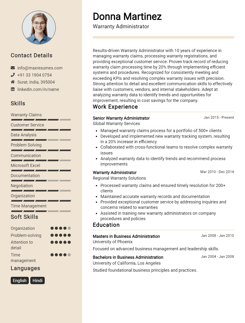 warranty-administrator-resume-sample