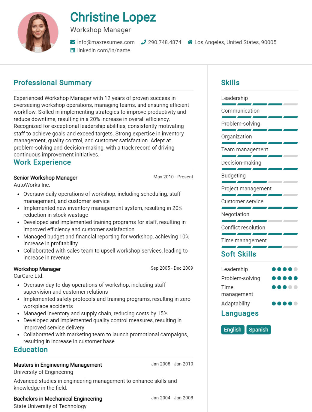 workshop-manager-resume-sample