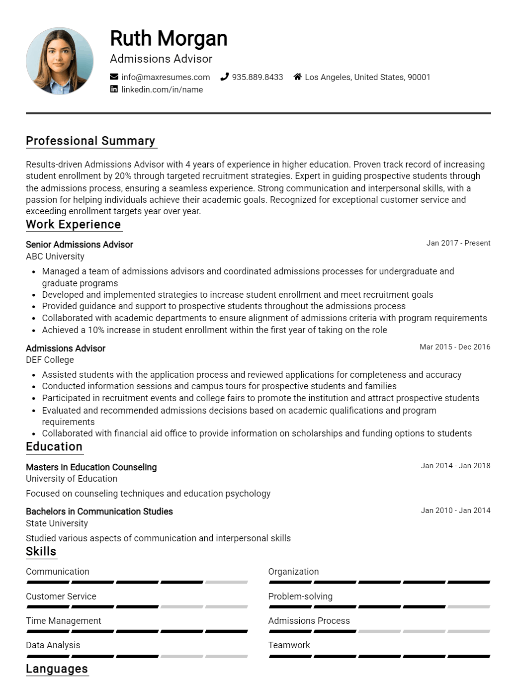 admissions-advisor-resume-sample