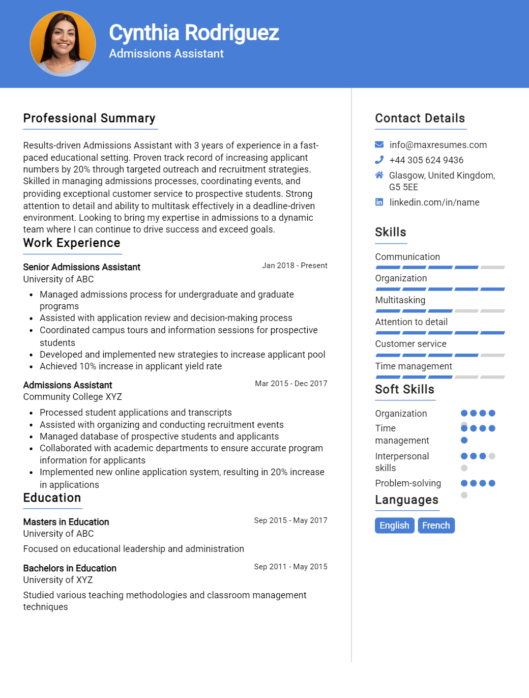 admissions-assistant-resume-sample