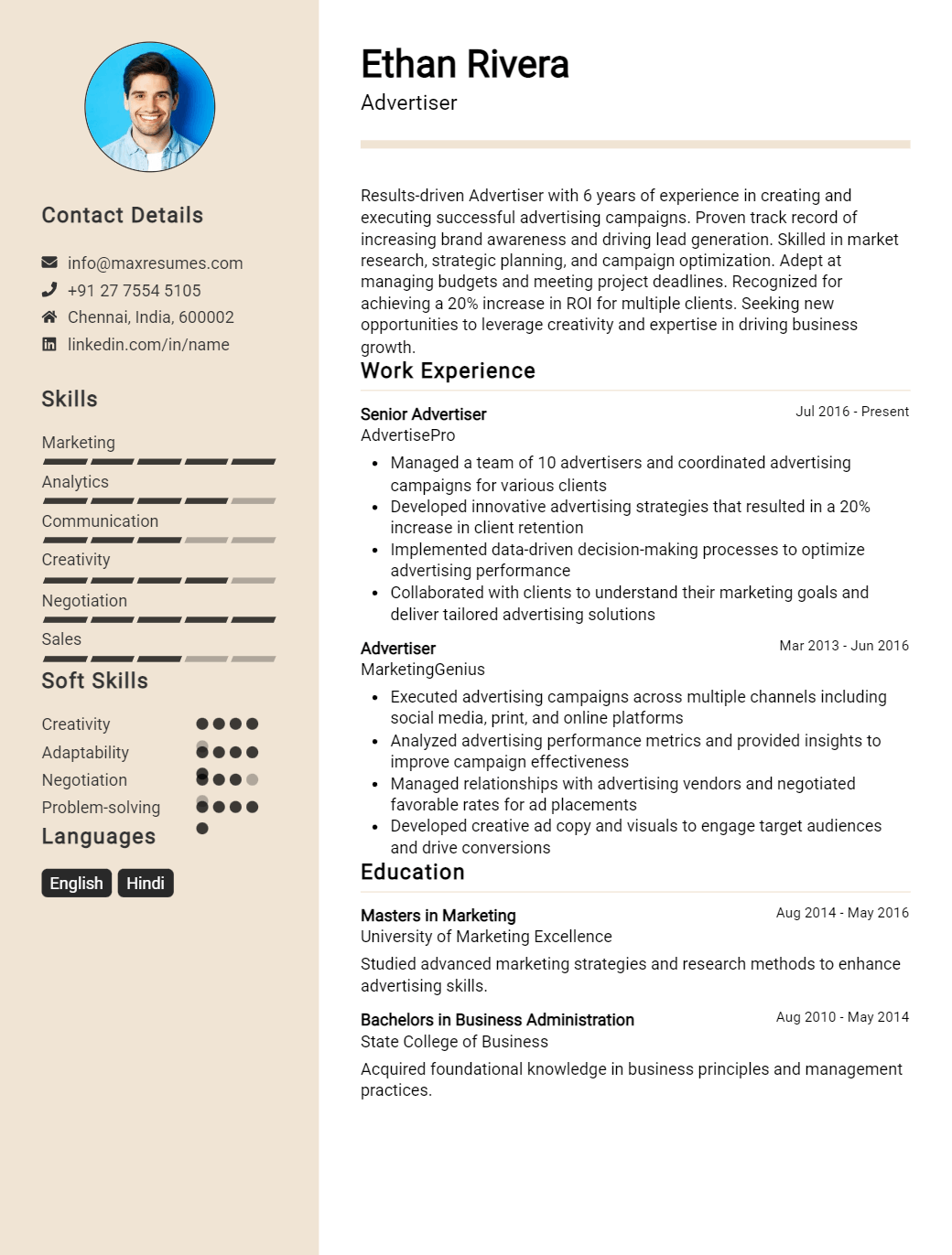 advertiser-resume-sample