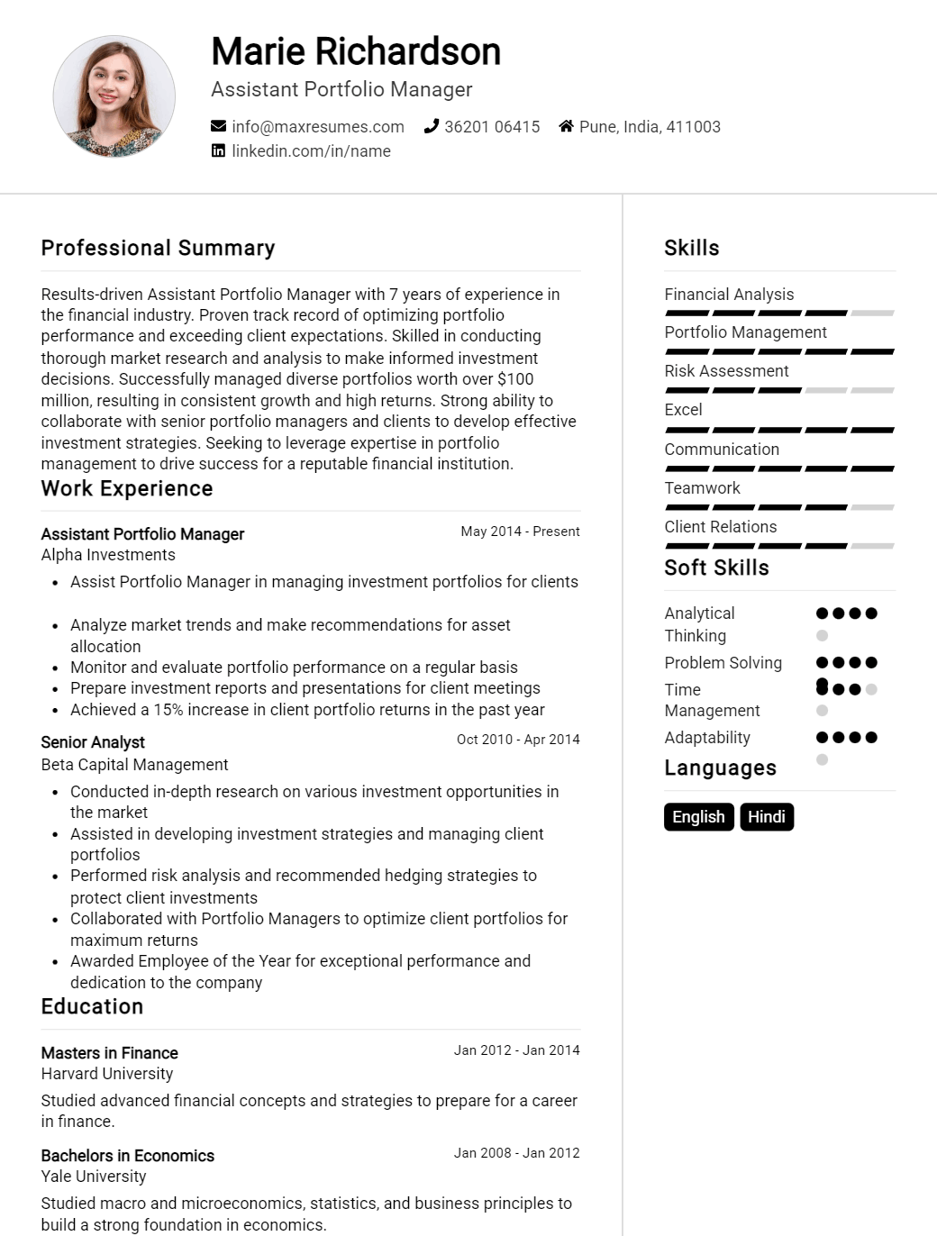 assistant-portfolio-manager-resume-sample