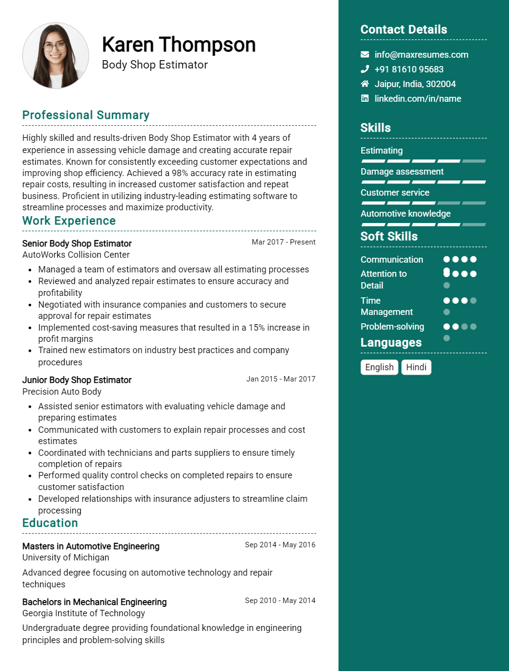 body-shop-estimator-resume-sample