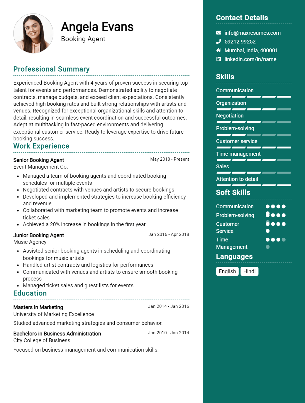 booking-agent-resume-sample