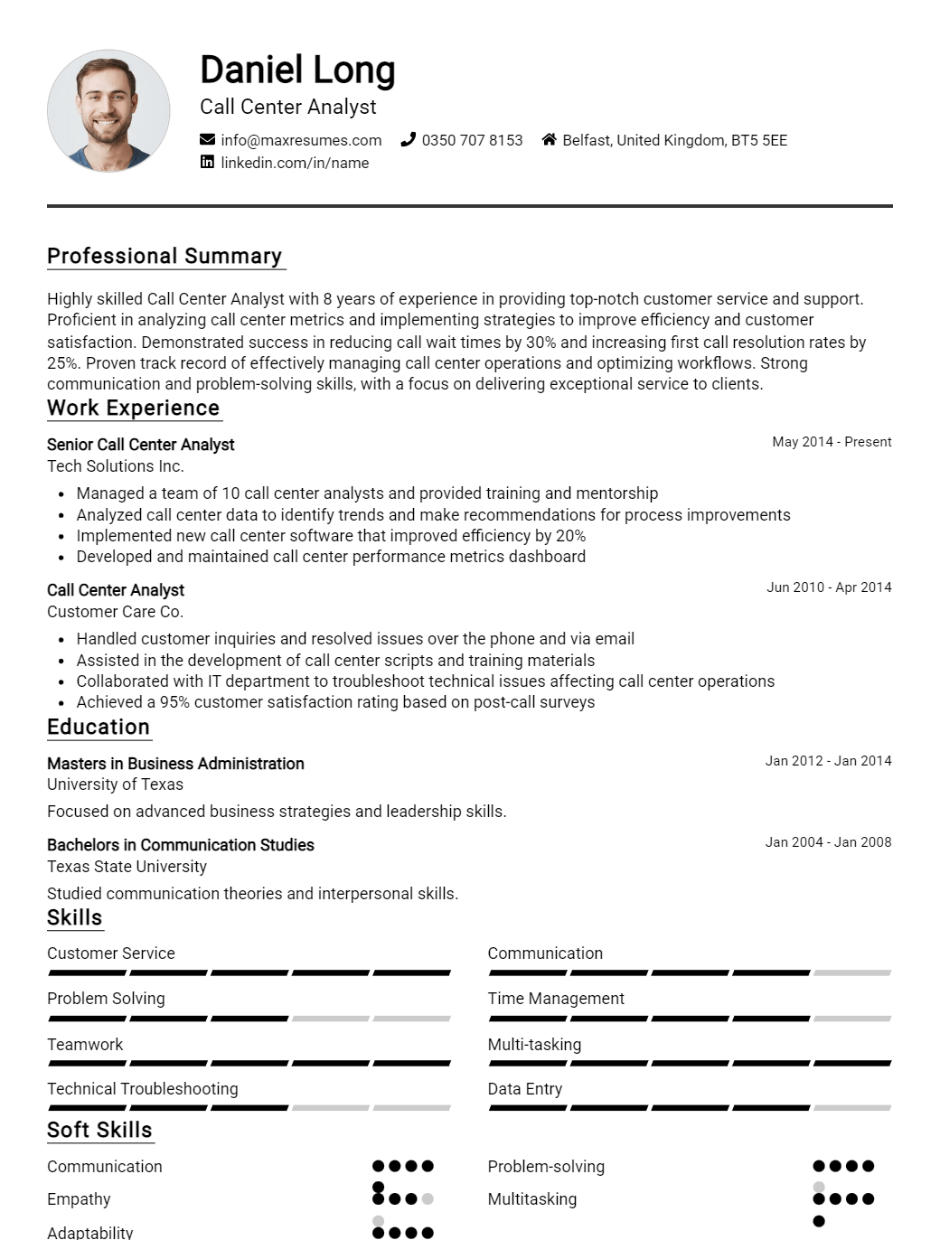 call-center-analyst-resume-sample