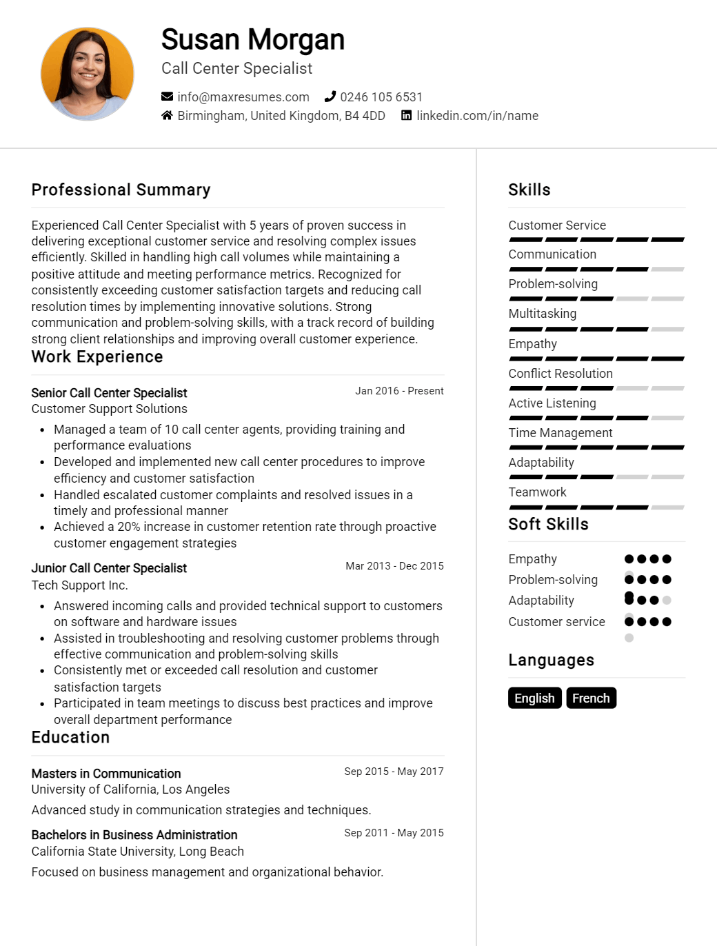 call-center-specialist-resume-sample