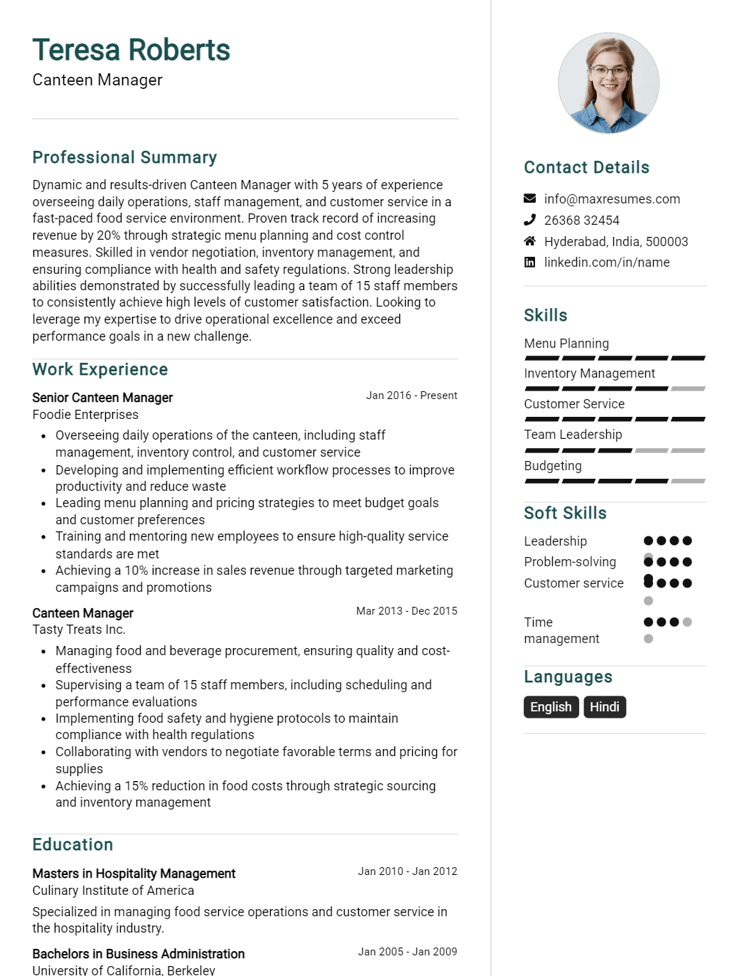 canteen-manager-resume-sample