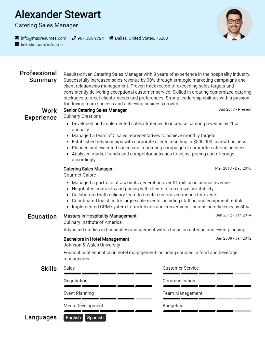 catering-sales-manager-resume-sample