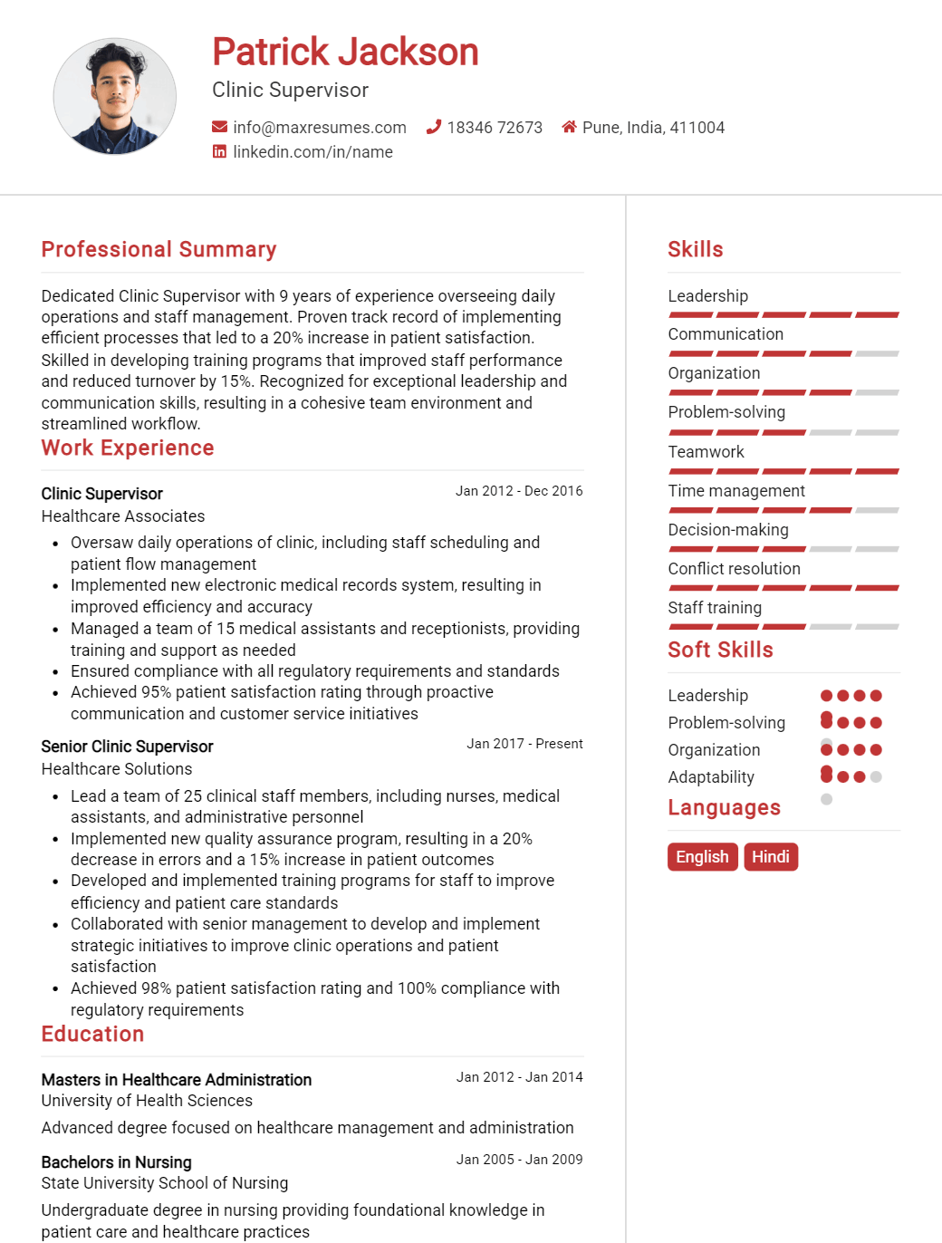 clinic-supervisor-resume-sample