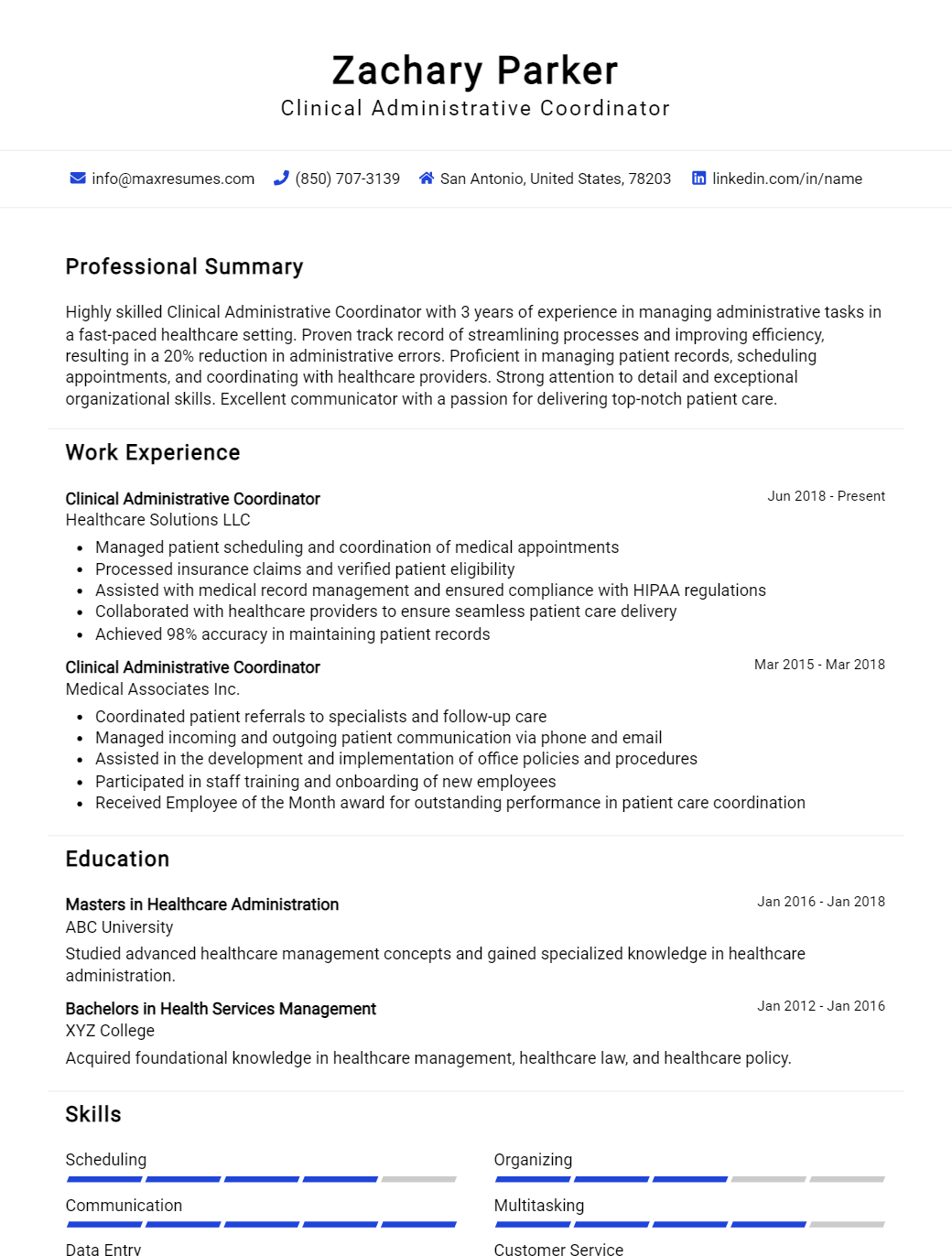 clinical-administrative-coordinator-resume-sample