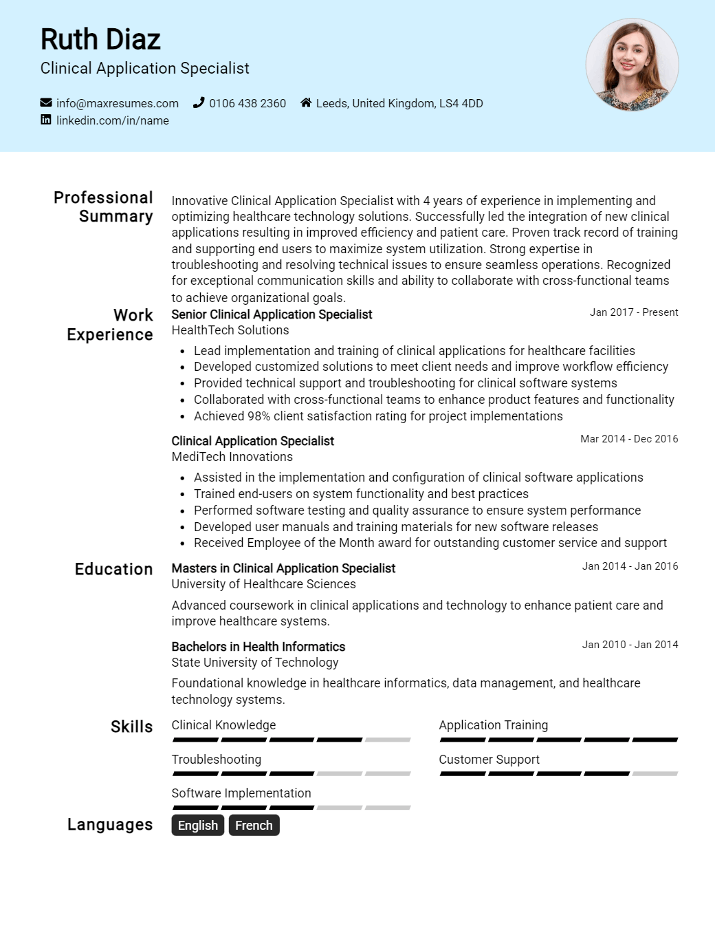 clinical-application-specialist-resume-sample
