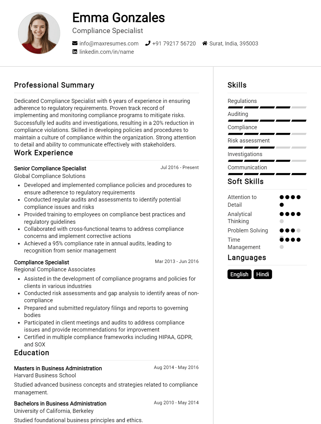 compliance-specialist-resume-sample