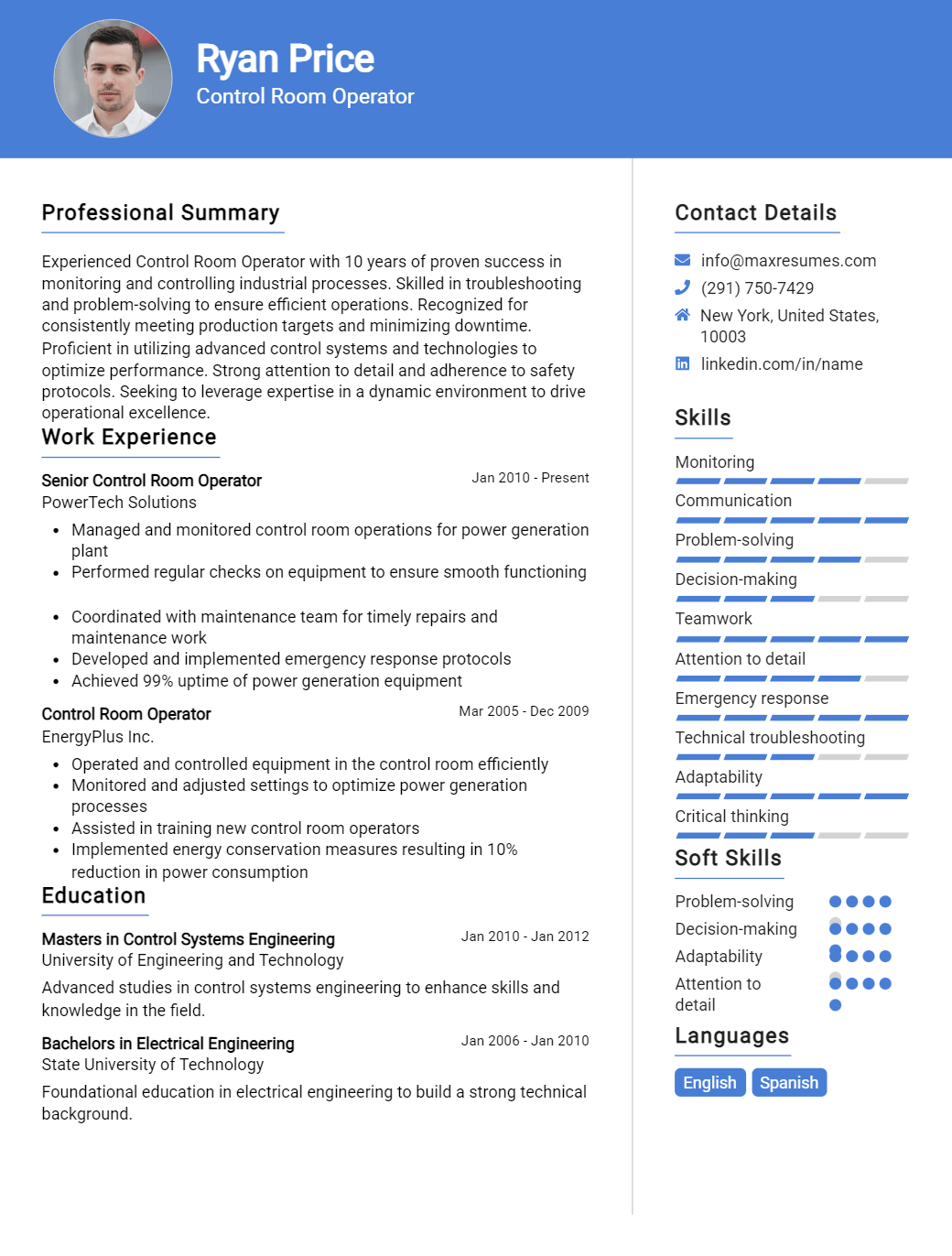 control-room-operator-resume-sample