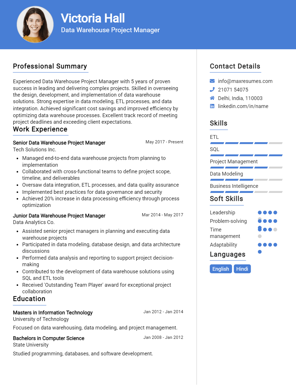 data-warehouse-project-manager-resume-sample
