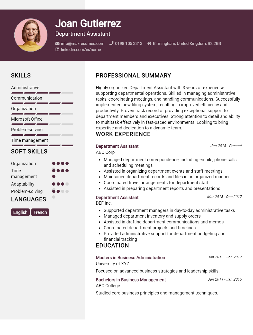 department-assistant-resume-sample