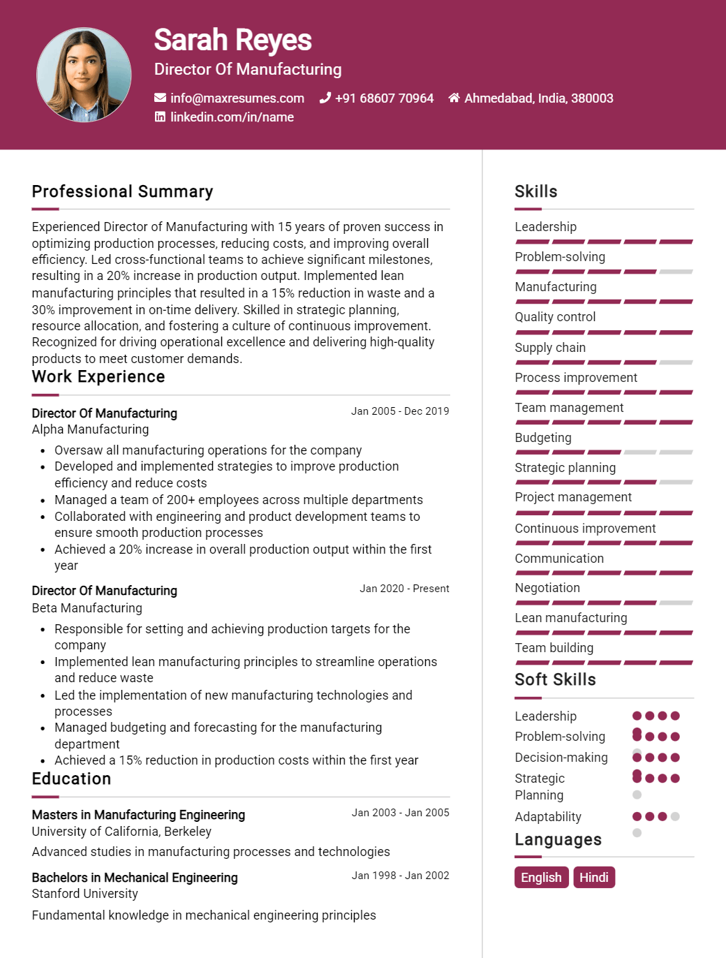 director-of-manufacturing-resume-sample