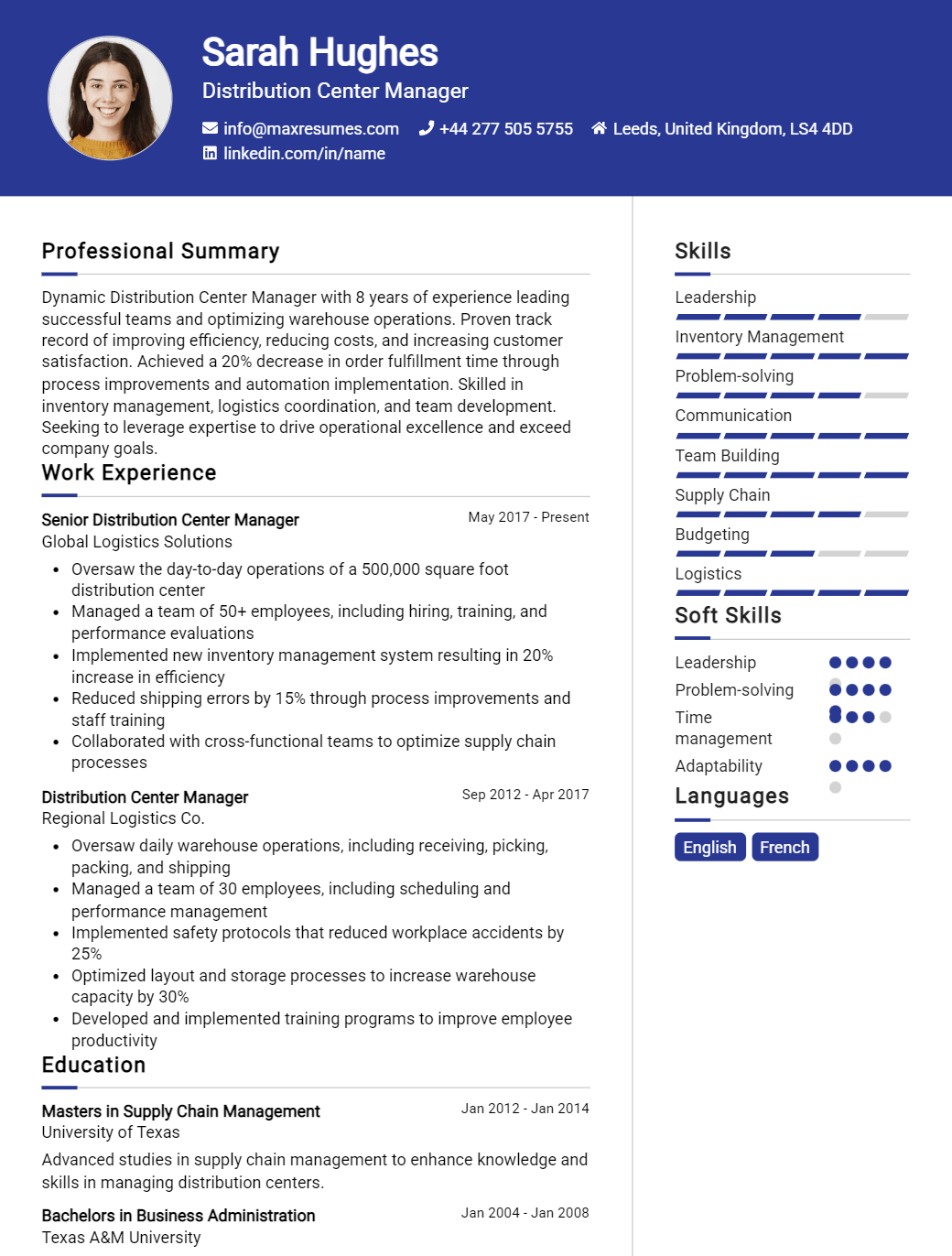 distribution-center-manager-resume-sample