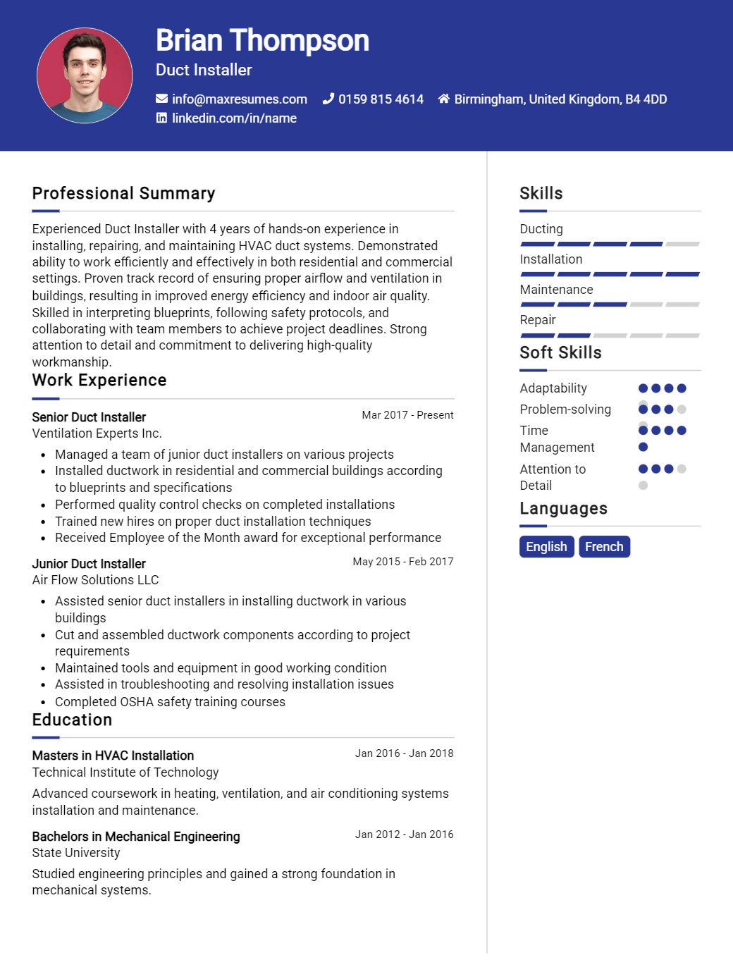 duct-installer-resume-sample