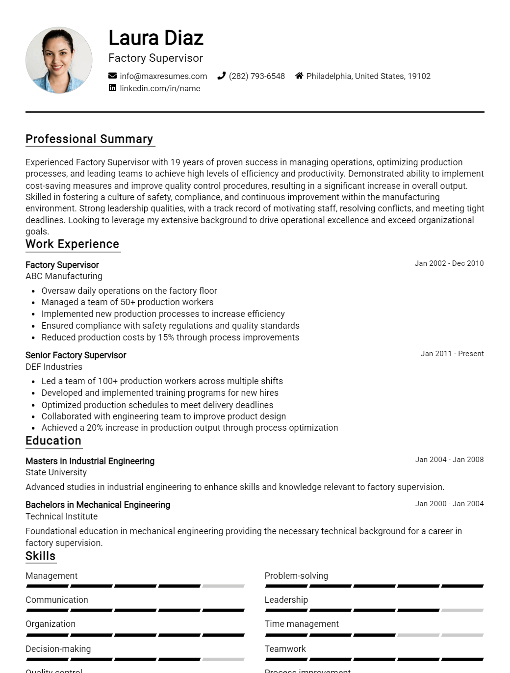 factory-supervisor-resume-sample