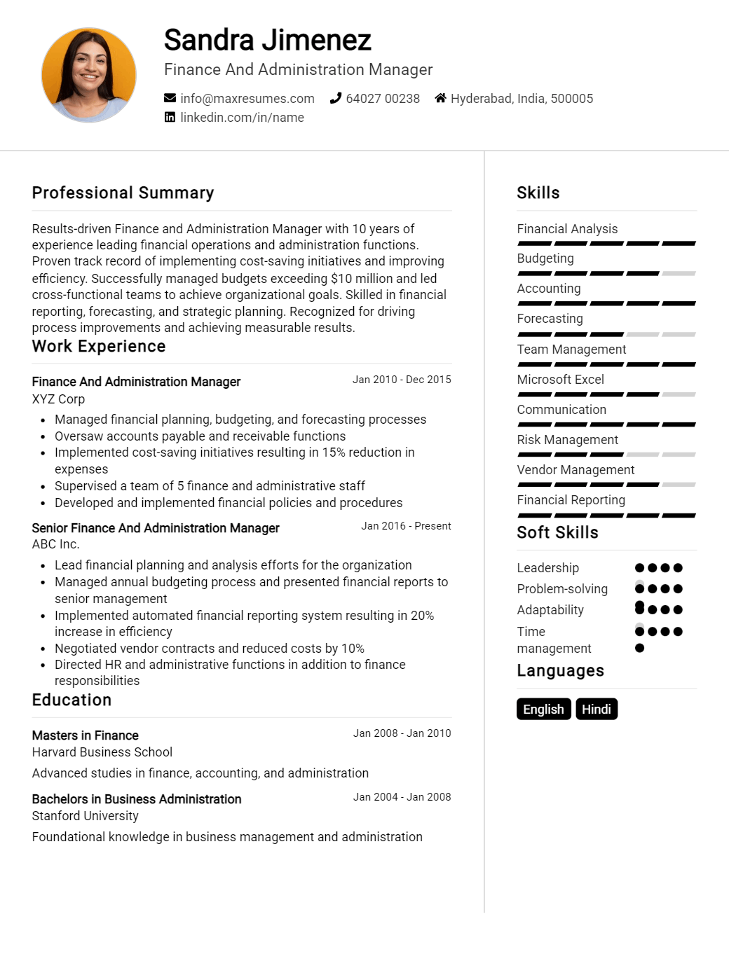 finance-and-administration-manager-resume-sample