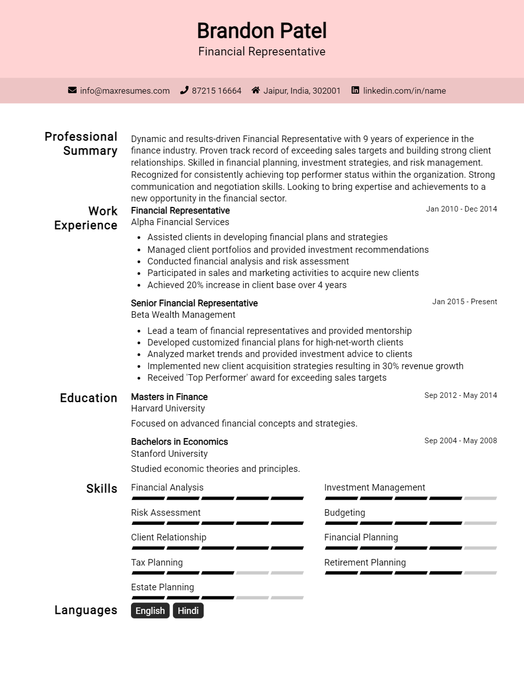 financial-representative-resume-sample