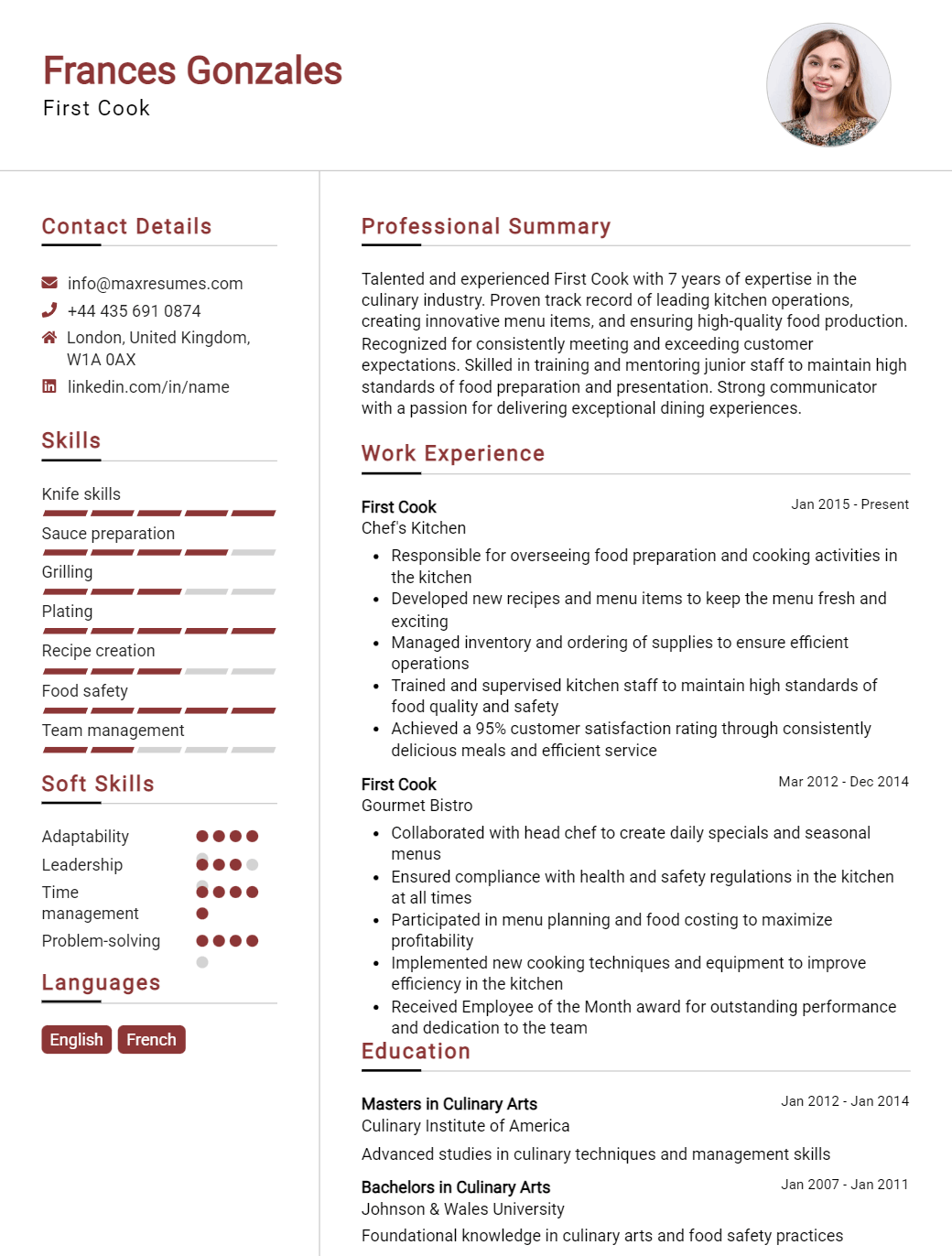 first-cook-resume-sample