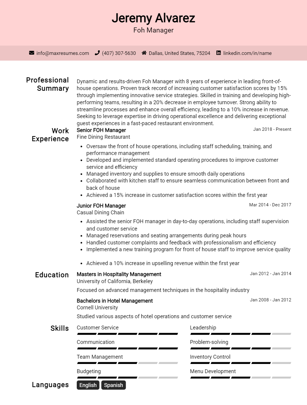 foh-manager-resume-sample