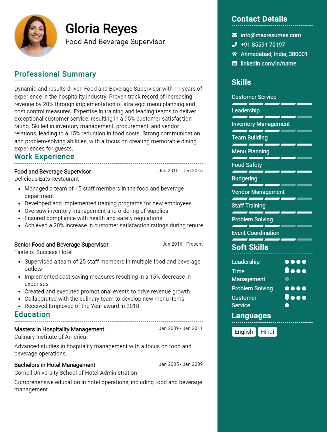 food-and-beverage-supervisor-resume-sample