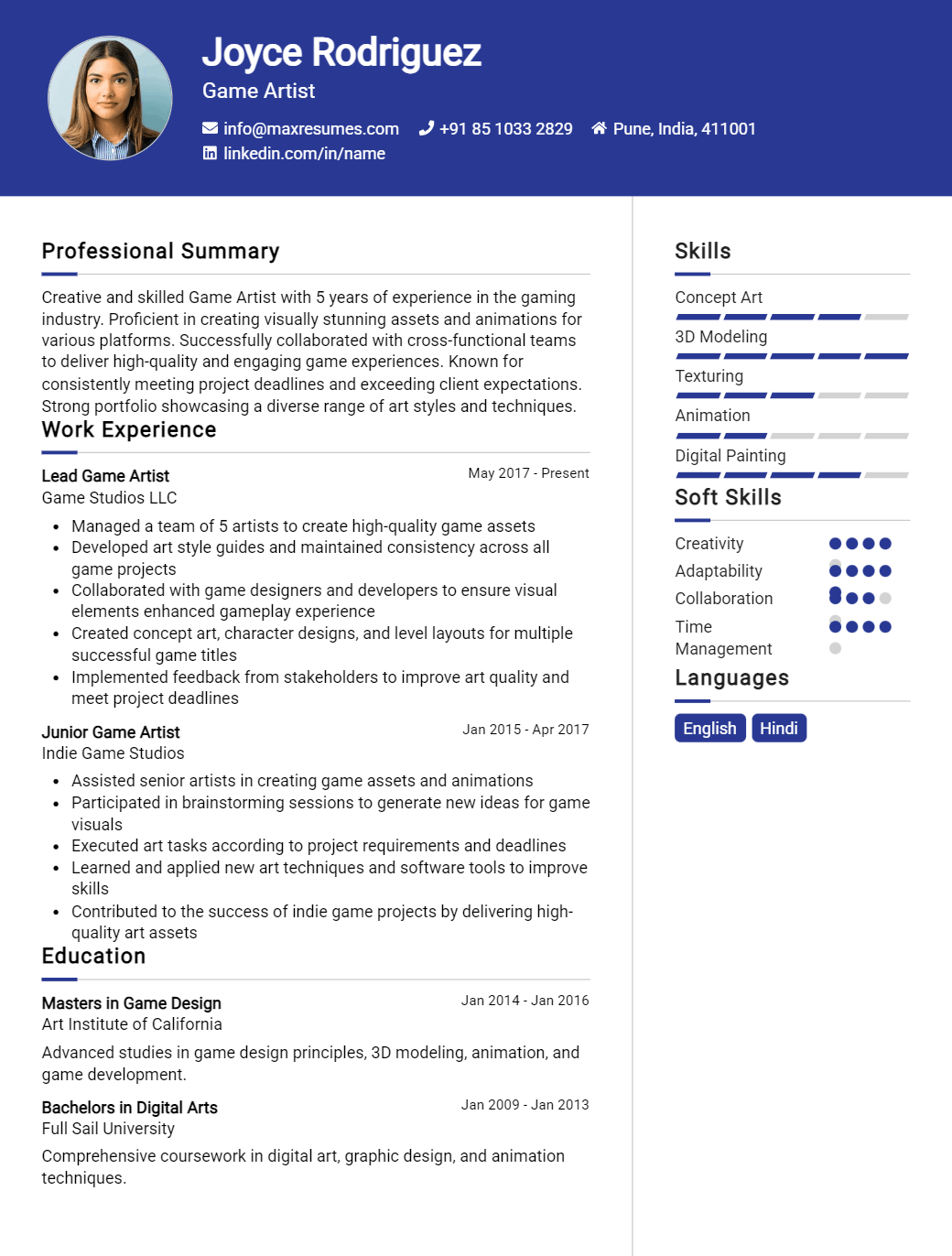 game-artist-resume-sample