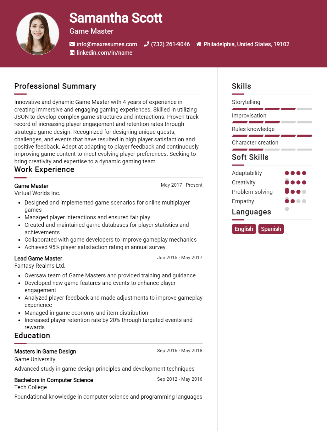 game-master-resume-sample