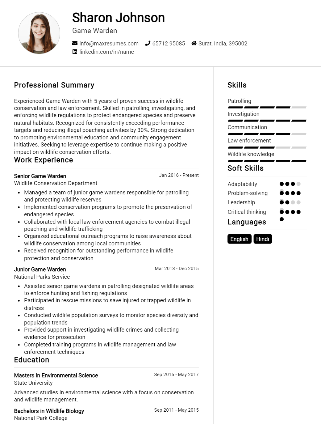 game-warden-resume-sample