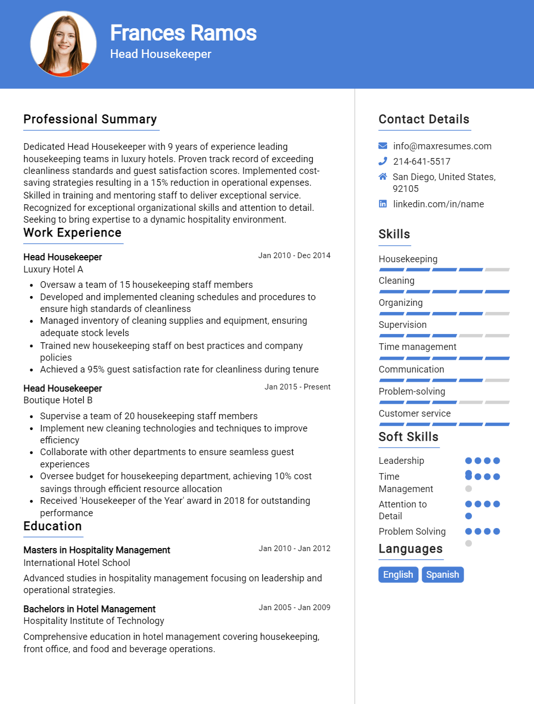 head-housekeeper-resume-sample