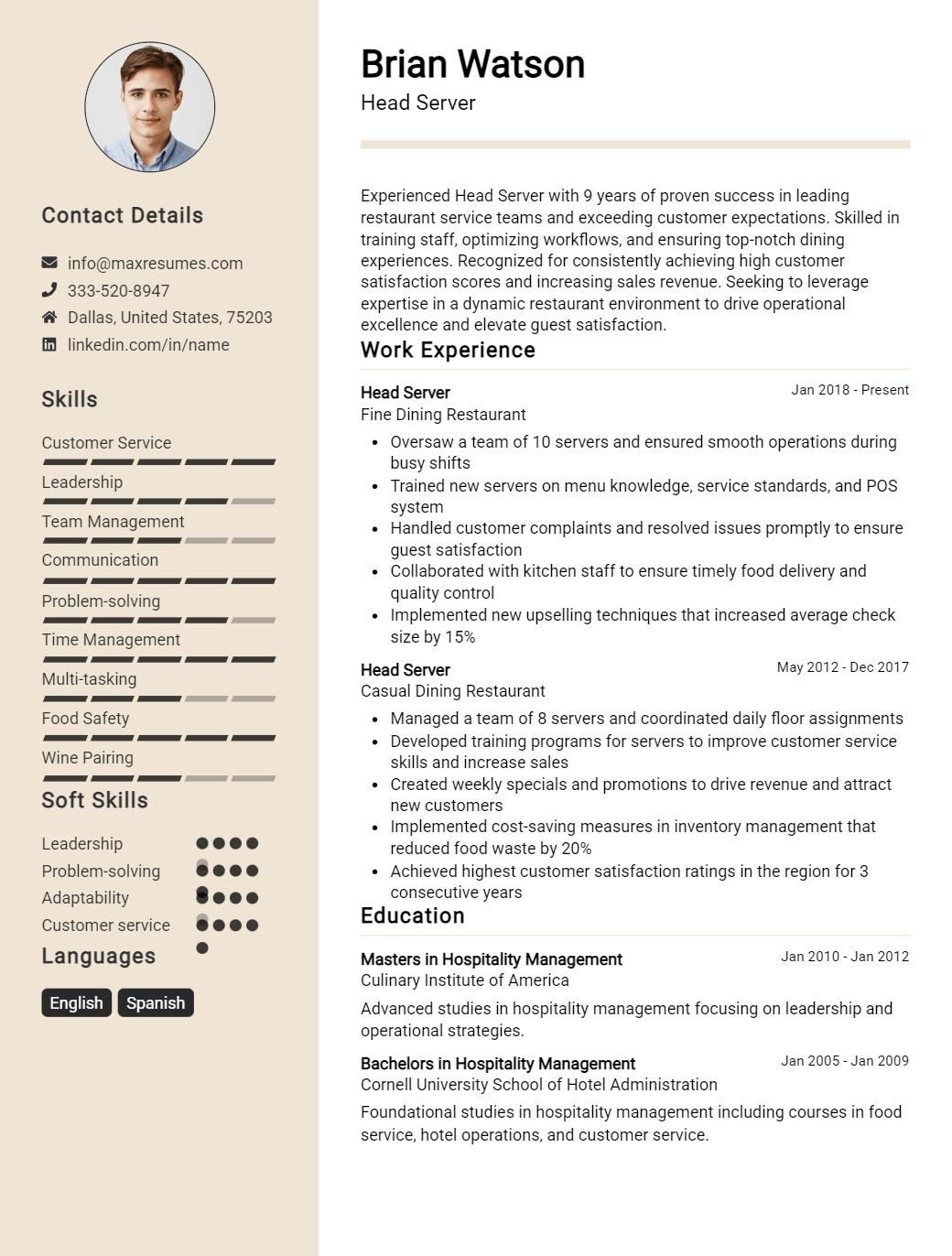 head-server-resume-sample