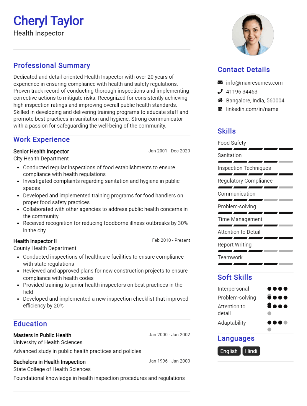 health-inspector-resume-sample