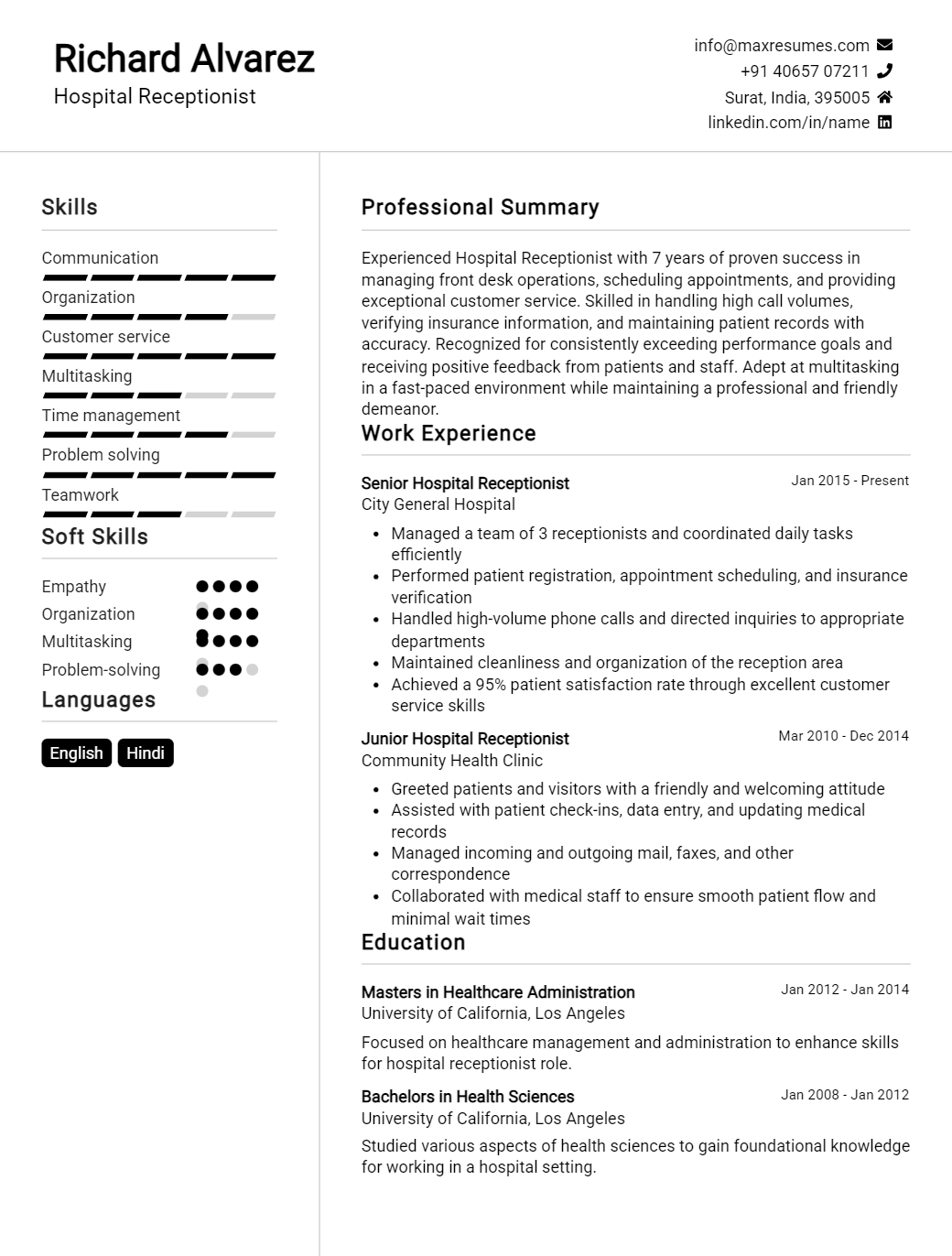 hospital-receptionist-resume-sample