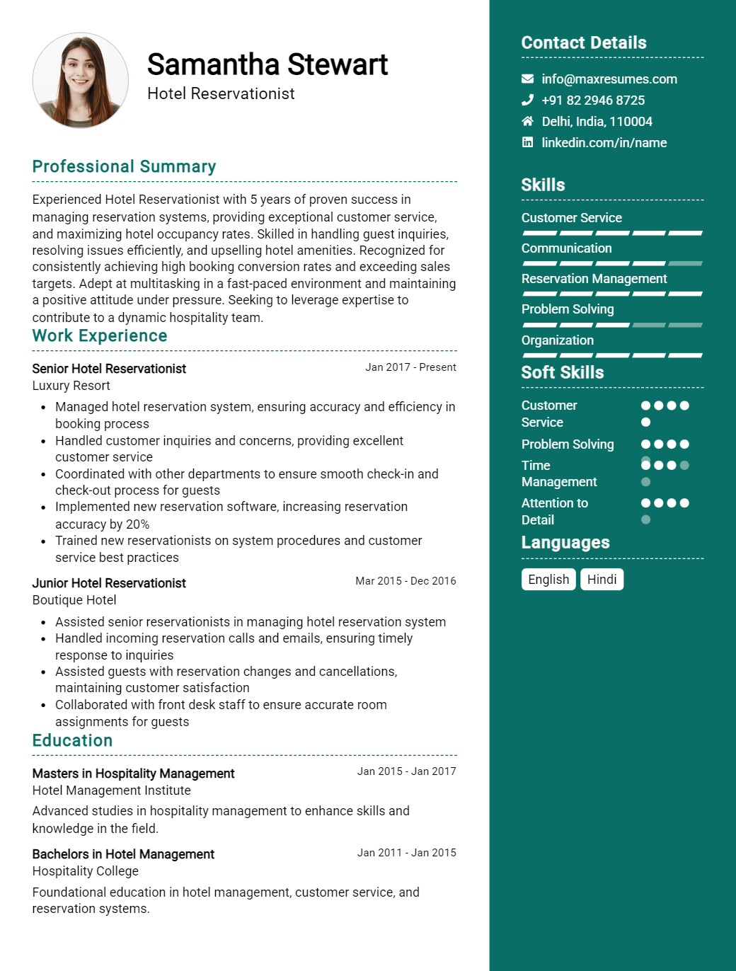 hotel-reservationist-resume-sample