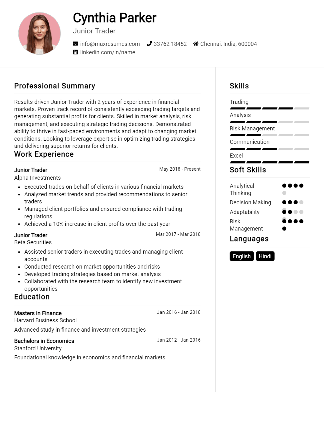 junior-trader-resume-sample