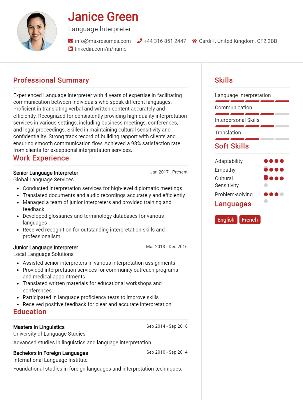 language-interpreter-resume-sample