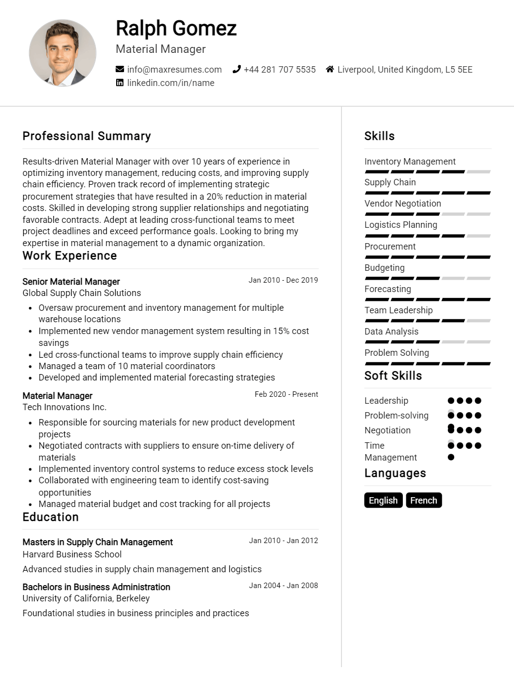 material-manager-resume-sample