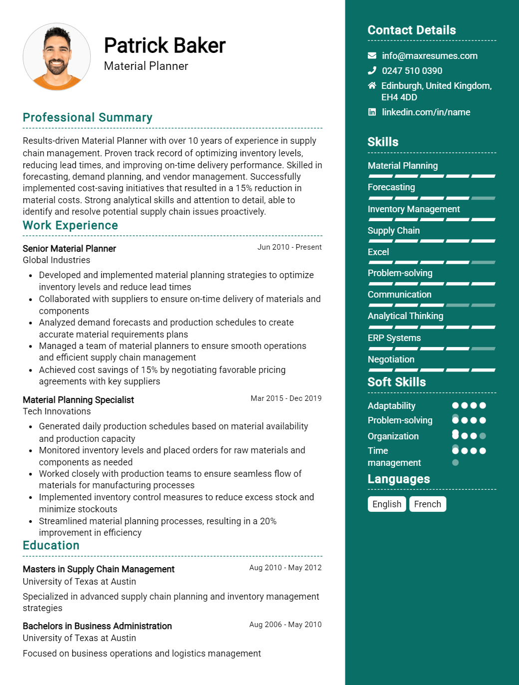 material-planner-resume-sample