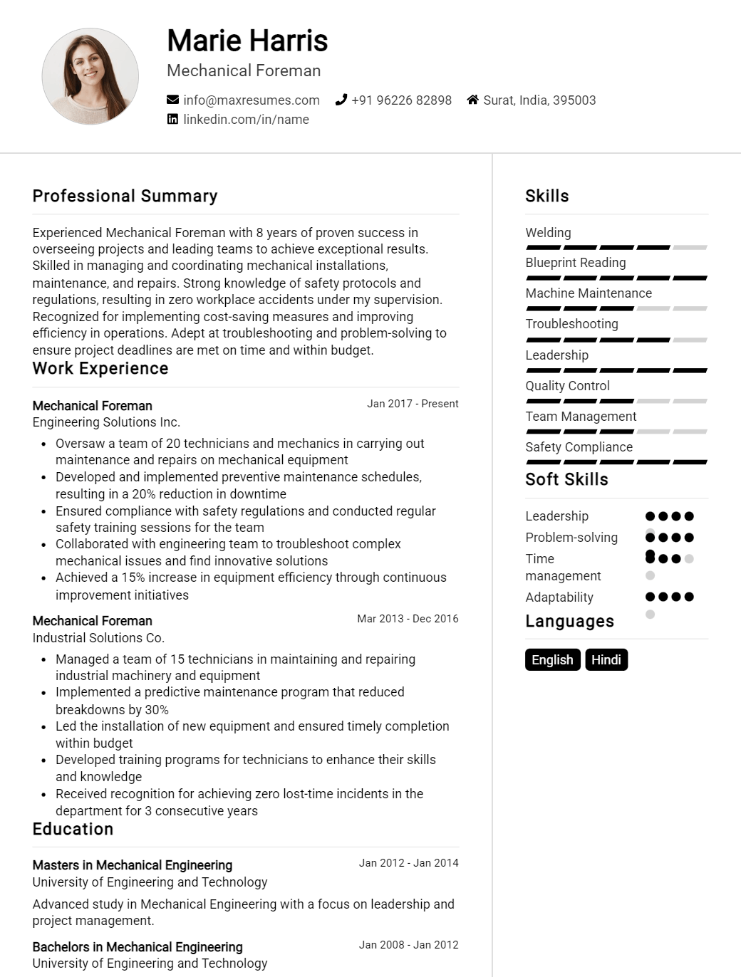 mechanical-foreman-resume-sample