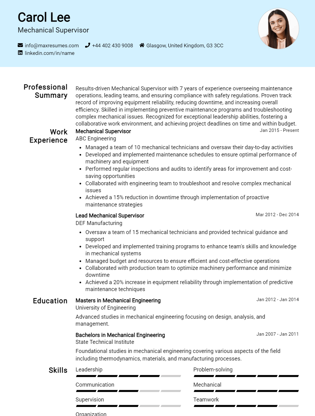 mechanical-supervisor-resume-sample